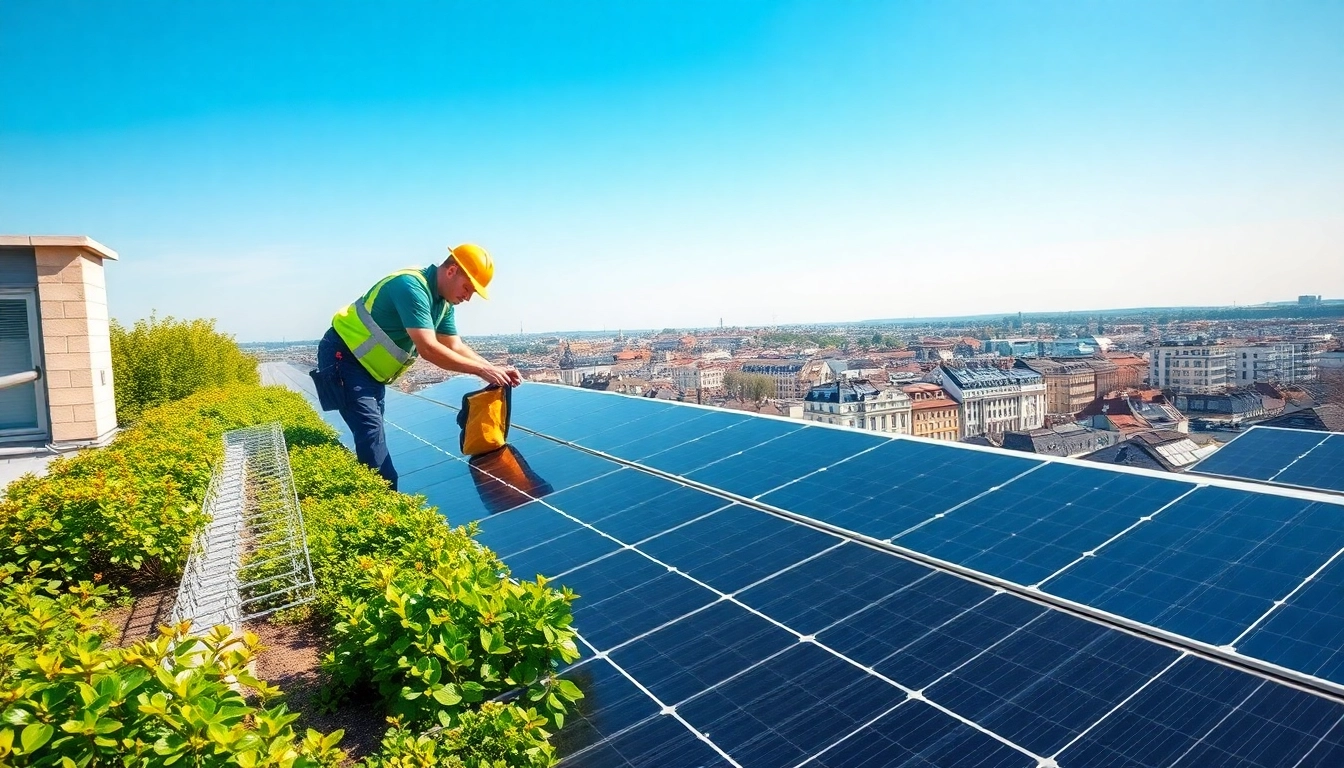 Installation von PV Anlagen Wien auf einem Wohnhaus, der Installateur zeigt Technik und Effizienz.