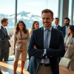 Headhunter Schweiz im Gespräch mit Klienten in modernem Büro, bei der Talentakquise aktiv