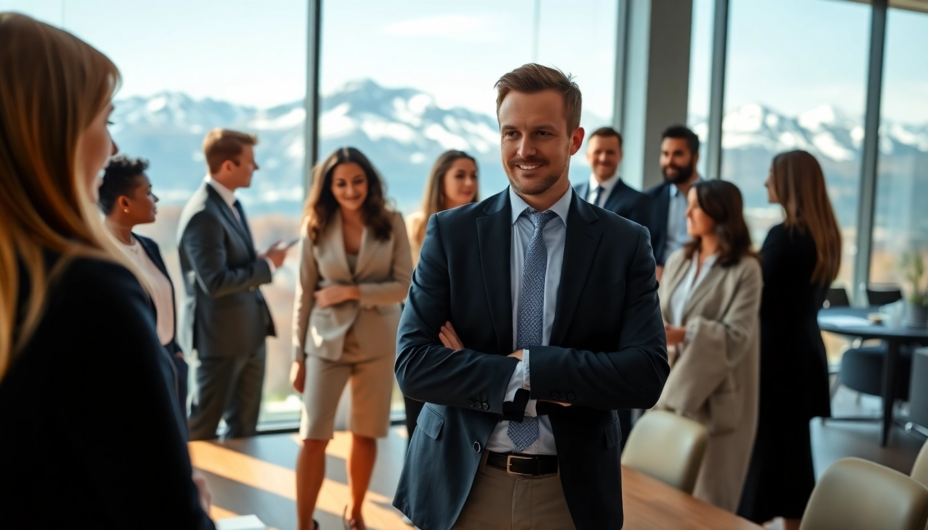 Headhunter Schweiz im Gespräch mit Klienten in modernem Büro, bei der Talentakquise aktiv