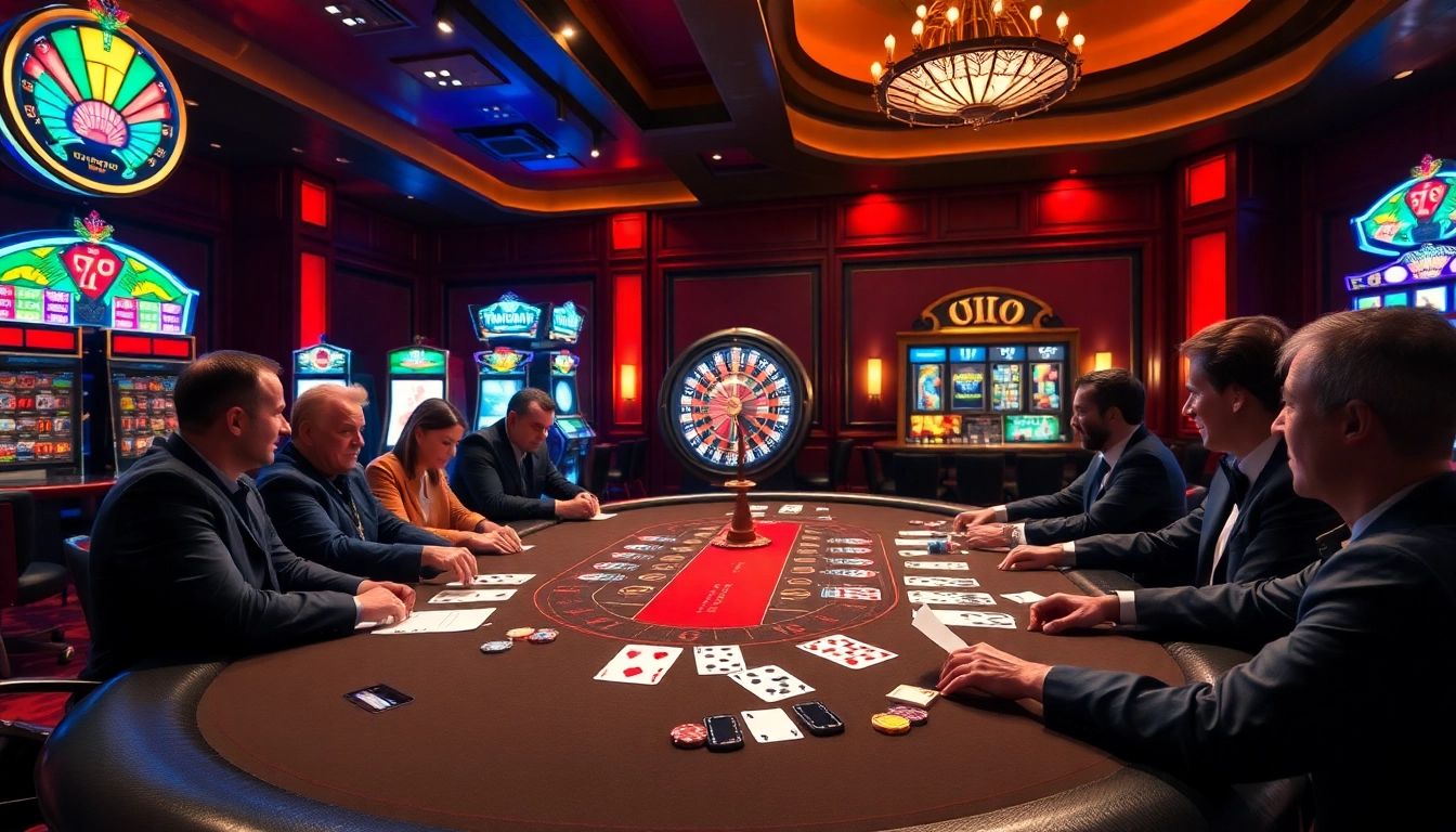 Experience thrilling gameplay at https://uu88.agency/ with a vibrant casino atmosphere filled with poker tables and slot machines.