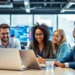 Headhunter IT professionals collaborating in a modern office environment, showcasing teamwork.