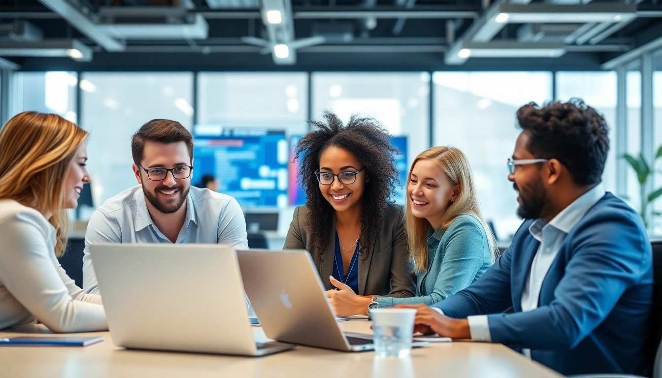 Headhunter IT professionals collaborating in a modern office environment, showcasing teamwork.