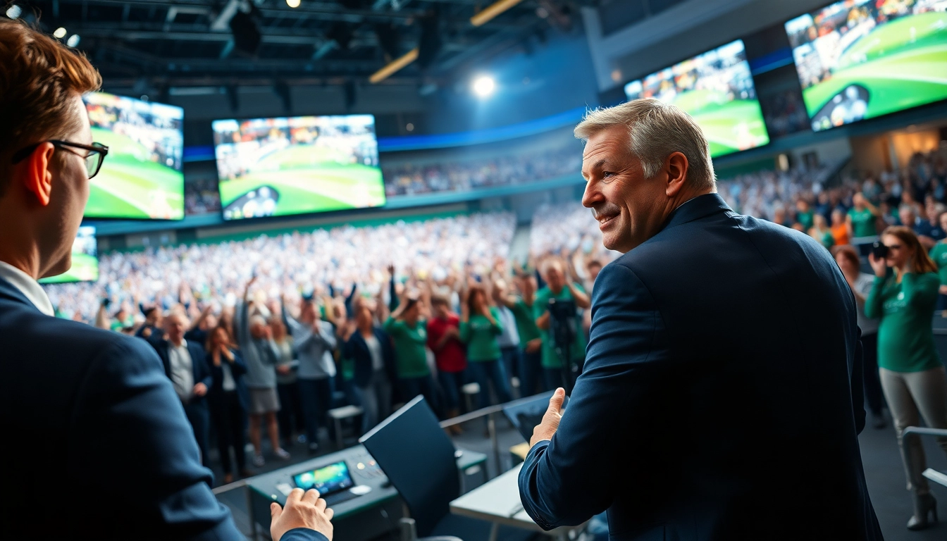 Dynamic sports broadcasting scene with a host and cheering crowd, showcasing Sports Broadcasting excitement.