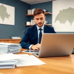 Headhunter Schweiz arbeitet professionell in einem modernen Büro mit Lebensläufen und Laptop.