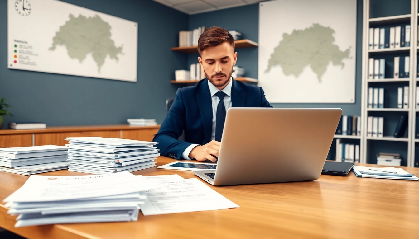 Headhunter Schweiz arbeitet professionell in einem modernen Büro mit Lebensläufen und Laptop.