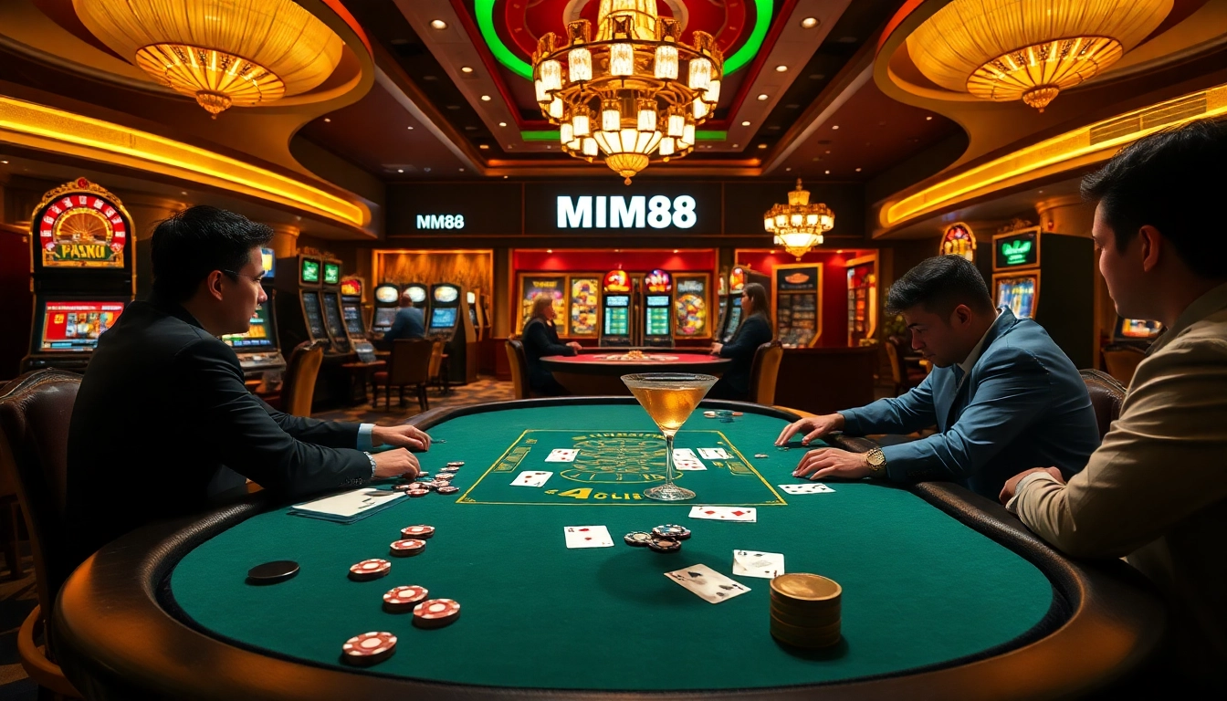 MM88 casino scene with players at a poker table, vibrant slot machines, and luxury decor.