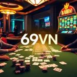 Exciting casino action at 69VN with poker chips, cards, and a spinning roulette wheel.