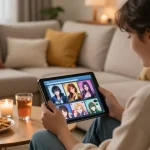Couple enjoying html sex games on a tablet in a cozy living room.