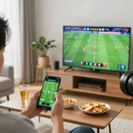 Person placing bets on a smartphone, engaging with tỷ lệ kèo nhà cái in a modern living room.