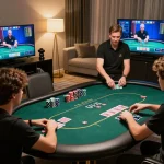 Player strategizing at a high-end online poker table in a sophisticated home setup at go8casino.