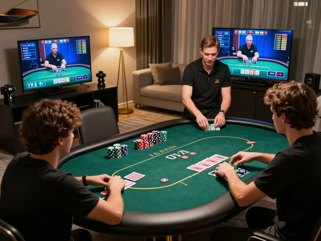 Player strategizing at a high-end online poker table in a sophisticated home setup at go8casino.