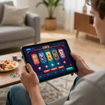 Player enjoying games on OK9 app on tablet, illustrating engaging online gambling experience at home.