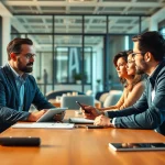 Headhunter Ingenieure in einem modernen Büro, lebhaftes Gespräch um einen Tisch.