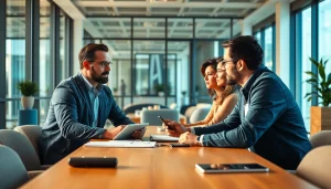Headhunter Ingenieure in einem modernen Büro, lebhaftes Gespräch um einen Tisch.