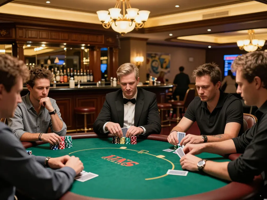 Players engage in a tense poker game at a sophisticated table in a luxurious casino setting, featuring nohu branding.
