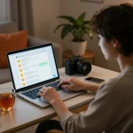 Interactive home office scene showcasing a young adult enjoying a sex AI chat on a laptop, highlighting the engaging digital conversation.