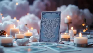 Engel Tarot Karte kostenlos ziehen in mystischer Umgebung mit Kerzen und Kristallen.