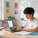 Schüler, der einen AI Hausaufgabenlöser in einem lebhaften Lernraum mit Lehrbüchern und Sonnenlicht nutzt.