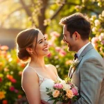 Hochzeitsfotograf München: Newlywed couple joyfully embracing in a sunny garden.