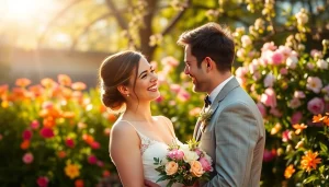 Hochzeitsfotograf München: Newlywed couple joyfully embracing in a sunny garden.