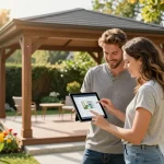 Paar, das sich in einem hellen Garten mit dem Veranda 3D Konfigurator mit der Gestaltung ihres Außenbereichs beschäftigt.