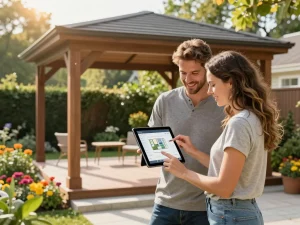 Paar, das sich in einem hellen Garten mit dem Veranda 3D Konfigurator mit der Gestaltung ihres Außenbereichs beschäftigt.
