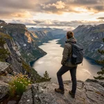Reisender bewundert die atemberaubende Fjordlandschaft in Norwegen, die das Wesen der Skandinavien Reisetipps verkörpert.