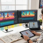 Kling 2.6 motion control software in action as a developer animates characters, showing vibrant sequences and a collaborative workspace.