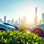 Elektroautos charging at a modern station in a vibrant urban setting.