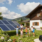 Photovoltaik Bayern Solarinstallation mit einer glücklichen Familie, die nachhaltige Energie in einer üppigen bayerischen Landschaft genießt.