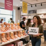 Sofort Lieferbar-Schild, das von einem Verkäufer in einem lebhaften E-Commerce-Einzelhandelsgeschäft präsentiert wird, das Sexpuppen zeigt.