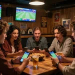 Engaged friends discussing kèo nhà cái while watching live sports in a cozy sports bar