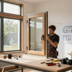 Expertenhandwerker konzentriert auf die Installation von Fensterbau in einem modernen architektonischen Umfeld mit natürlichem Licht.