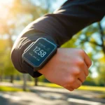 Fitness-Armband showing workout stats during a vibrant outdoor run.