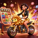 Dive into the action at daga88 with a glamorous character riding a golden lion mascot through scenes filled with vibrant casino elements.