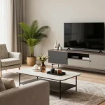Entdecken Sie wohnmöbel online kaufen mit einem stilvollen Wohnzimmer, das moderne Möbel und natürliches Licht bietet.