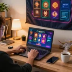 Engaging in online gambling with rik vip on a modern laptop setup in a cozy home office.