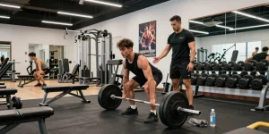 Anabolika Shop Deutschland - Bodybuilder hebt Gewichte in einem modernen Fitnessstudio während einer intensiven Trainingseinheit, die Hingabe und Fitness zeigt.