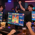 Players enjoying xocdia 88 online games in a vibrant gaming environment, surrounded by snacks and excitement.