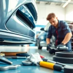 Stoßstange reparieren München in a professional auto repair setting with a technician at work.