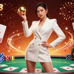 xocdia 88 captivates with its vibrant casino scene featuring a beautiful dealer holding a roulette ball, surrounded by poker elements.
