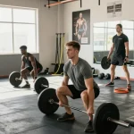 Anabolika Shop showcasing bodybuilders in a fitness studio, demonstrating workout techniques and gym equipment.