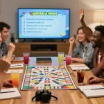 Quiz Allgemeinwissen: Freunde beim Spaß mit Quizfragen in gemütlichem Wohnzimmer.