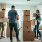 Umzugsunternehmen Bruchsal packt sorgfältig Haushaltsgegenstände in einem einladenden Raum.
