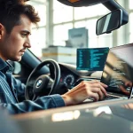 BMW Codierer arbeitet an einem Fahrzeugdashboard mit modernen Tools und Bildschirmen.