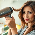Der Laifen Swift Haartrockner in Aktion, dabei wird professionell Haar frisiert.