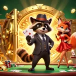 Cakhiatv live poker scene featuring a suave raccoon and a fox in a glitzy casino setting.