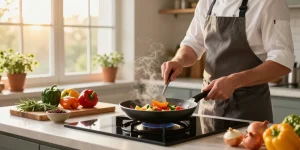 In einer hellen Küche brät ein Koch frische Zutaten in einer PTFE-freien Pfanne an und zeigt eine gesunde Kochweise.