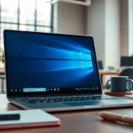 Microsoft Windows 11 Business Edition erwerben auf einem modernen Laptop in einem professionellen Büro.