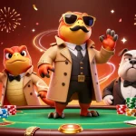 Zoccer raptors sneak into a VIP casino lounge, showcasing extravagant poker elements and festive ambiance.